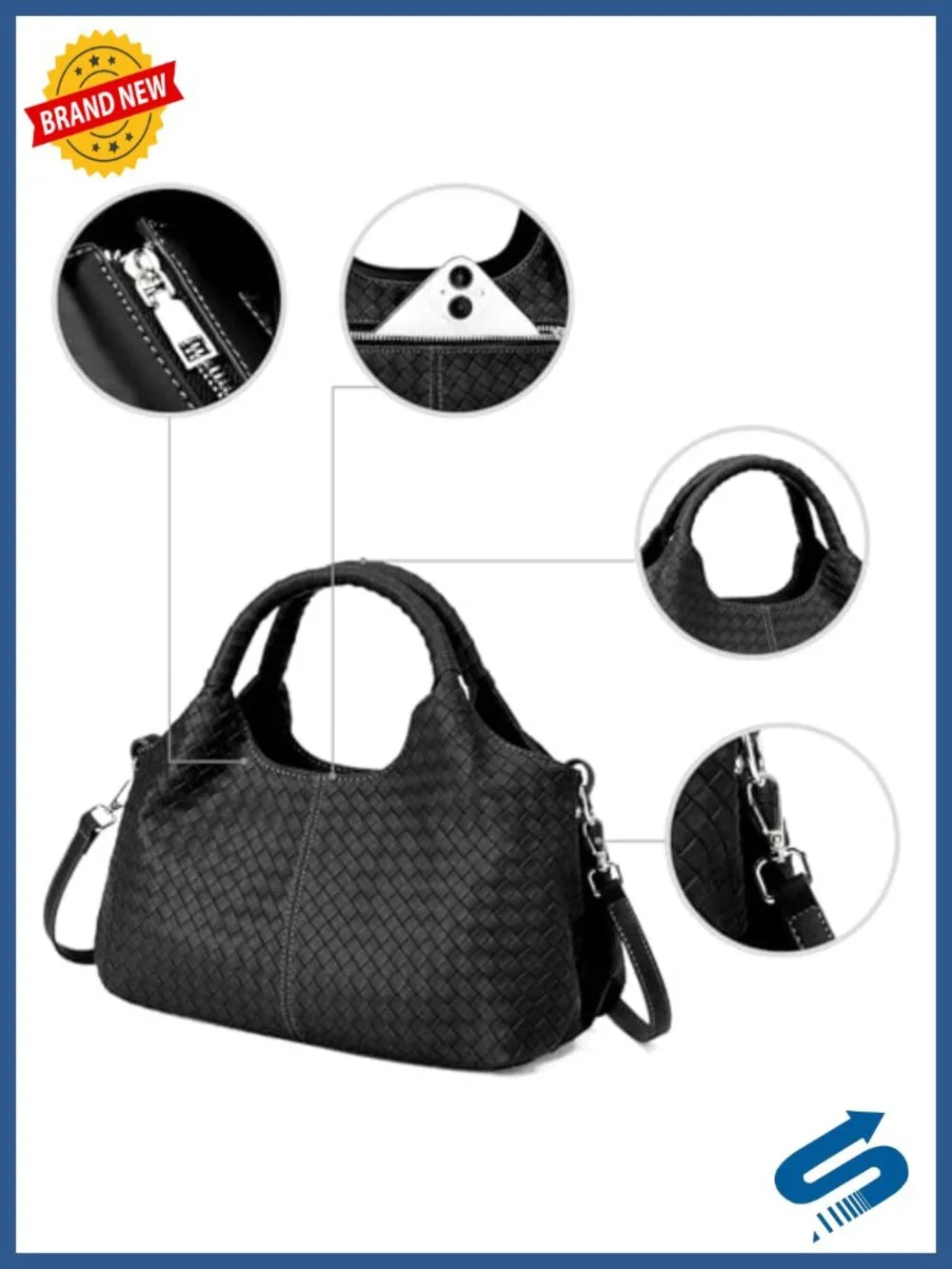 Vegan Leather Woven Satchel Handbag with Top Handles and Removable Strap